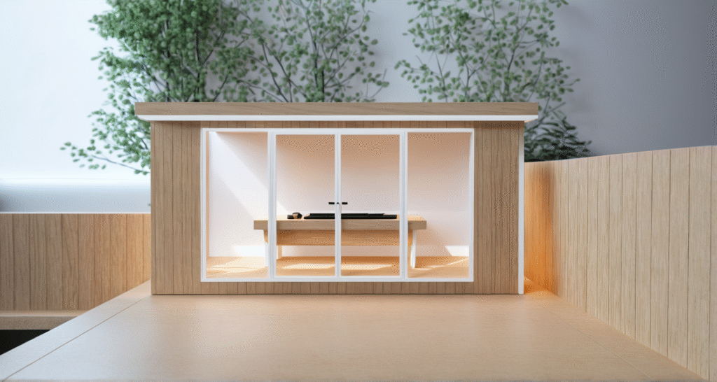 Modern garden room with floor-to-ceiling glass doors and wooden cladding