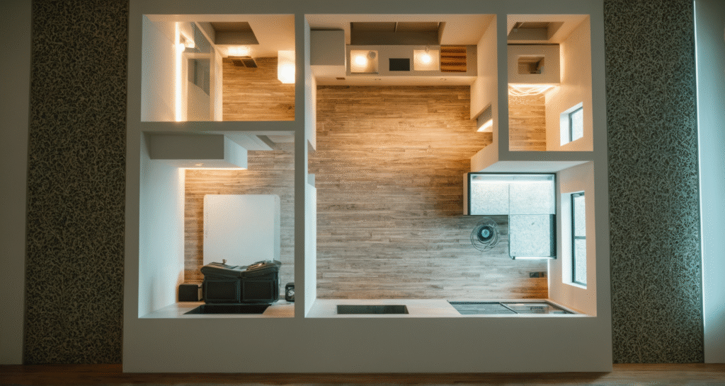 Overhead view of a detailed architectural model showing the layout of a modern interior