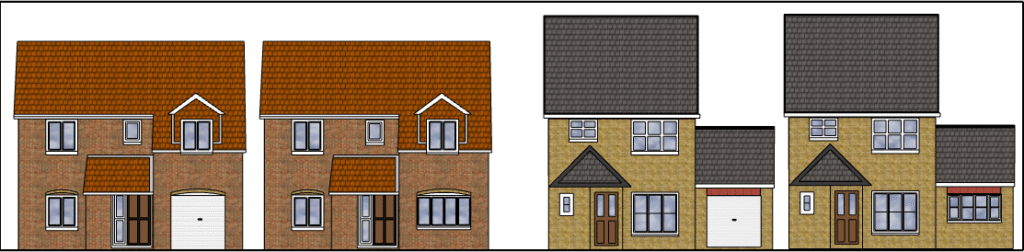 Illustration of a row of modern detached and semi-detached houses with garages and pitched roofs