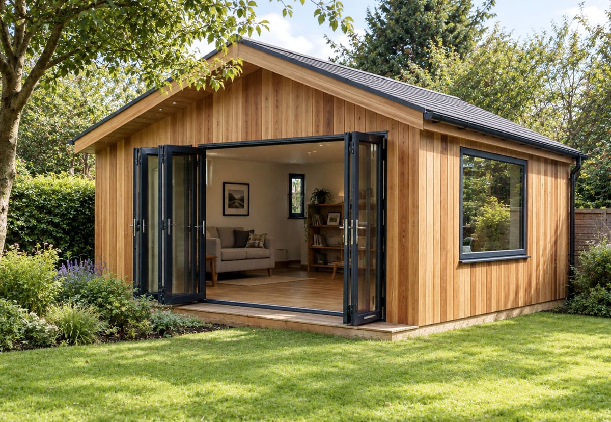 Apex garden room with pitched roof and bi-fold doors on a lawn