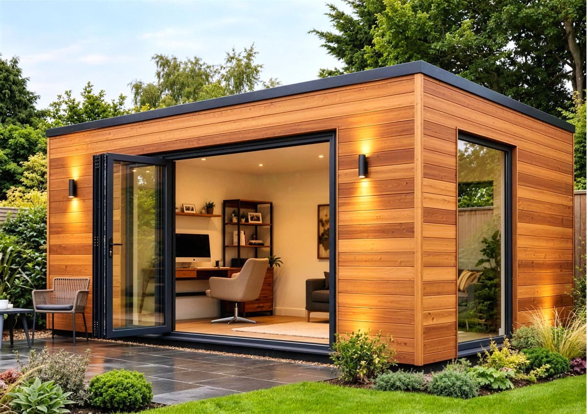 Aspect garden room in cedar with bi-fold doors and a full-size corner picture window, lit up in a landscaped garden