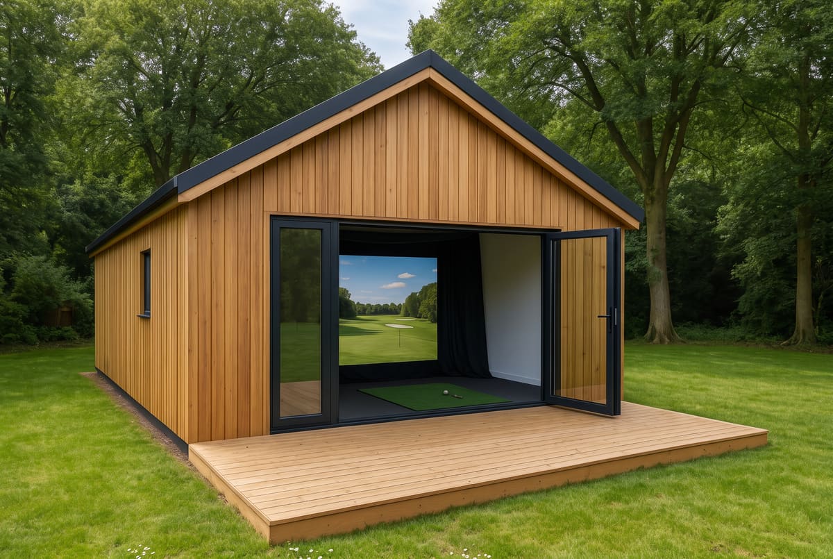 Dual-pitch cedar garden room with a golf simulator and timber deck