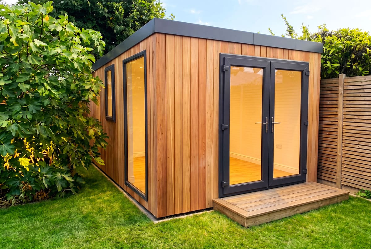 Cube garden room with cedar cladding and glazed doors in a Hove garden
