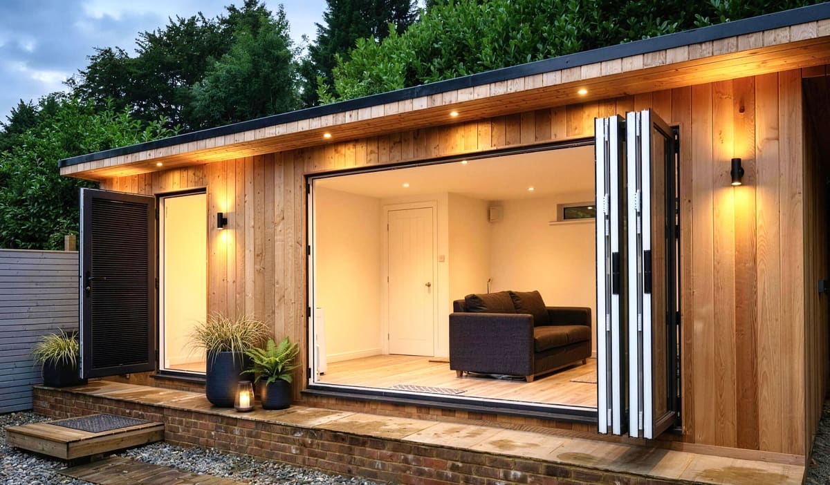 Cedar-clad garden annexe in Burgess Hill with bi-fold doors folded open onto a furnished living room