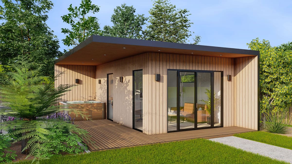 Visualisation of a timber garden room with a deck, patio and planting