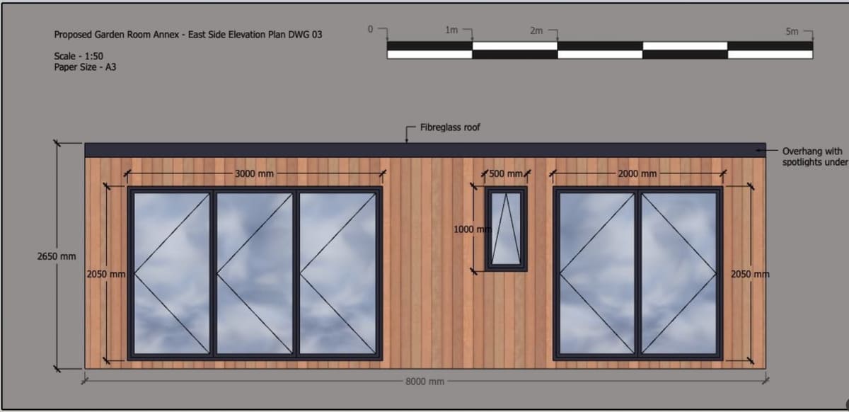 Side elevation drawing of a proposed garden room prepared for planning