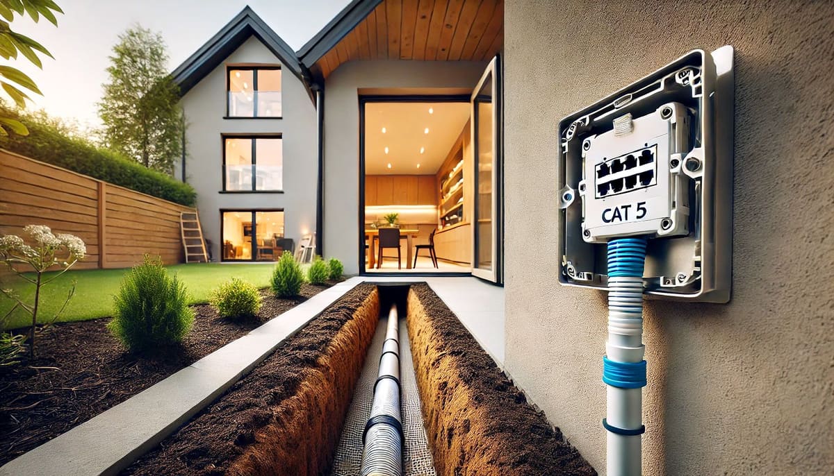 Armoured internet cable run in a trench to a garden room