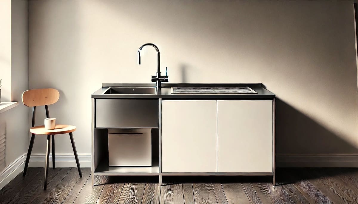 Compact kitchen unit with stainless steel sink in a garden room