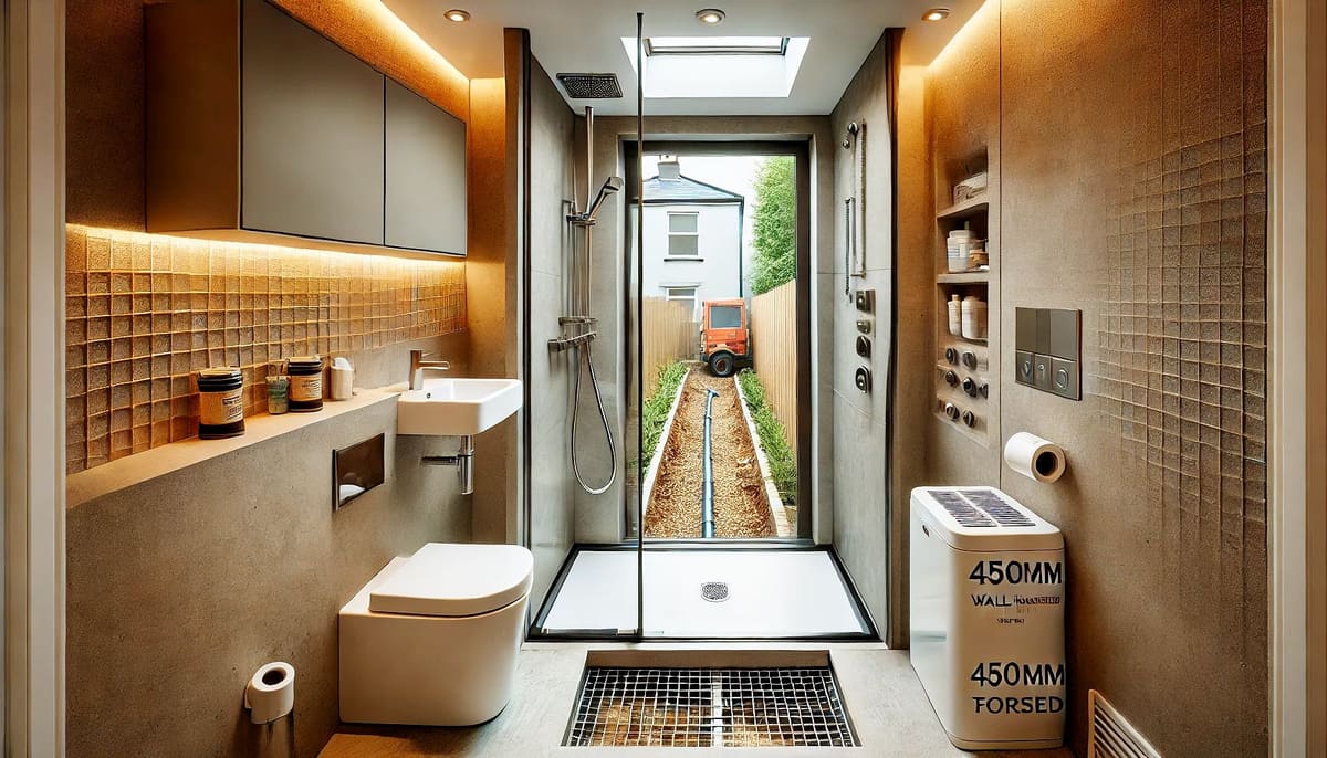 Shower room with glass screen and towel rail in a garden annexe
