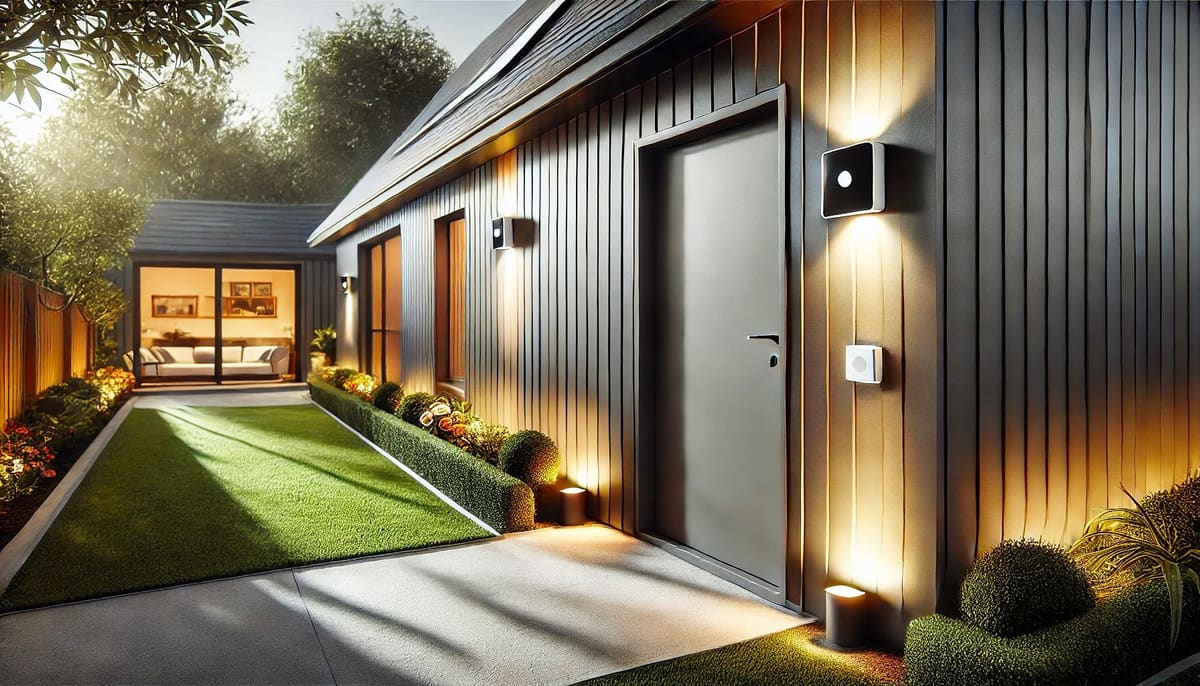 Motion-sensor outdoor lights on the side of a garden room