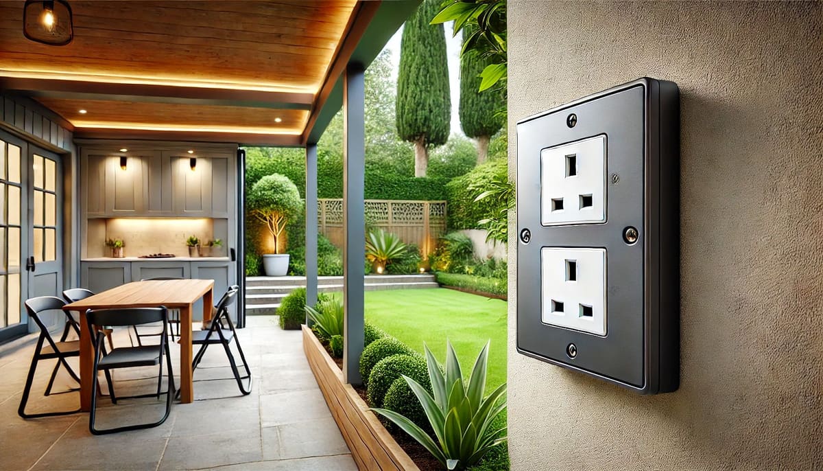 Outdoor double socket on a garden room wall