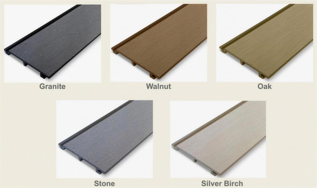 Composite cladding colours: granite, walnut, oak, stone and silver birch
