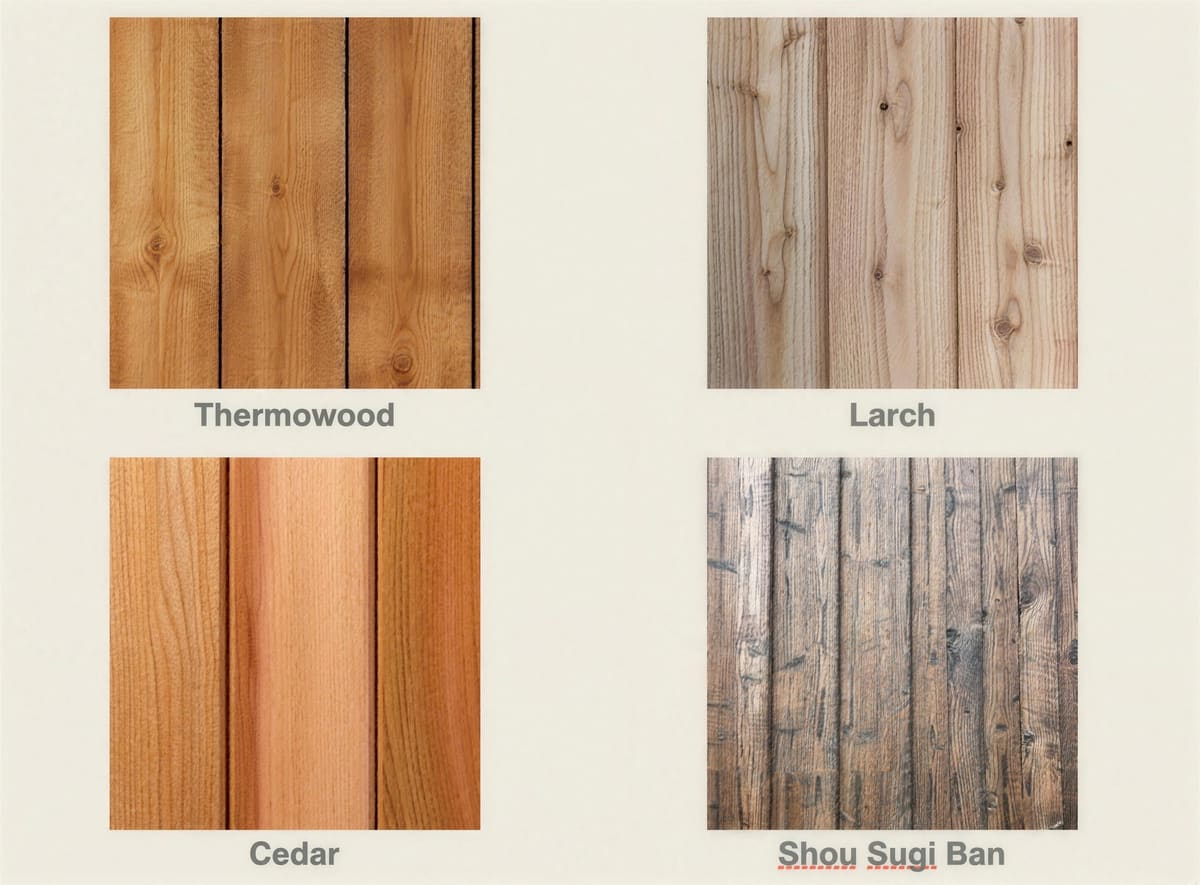 Timber cladding samples: Thermowood, larch, cedar and Shou Sugi Ban