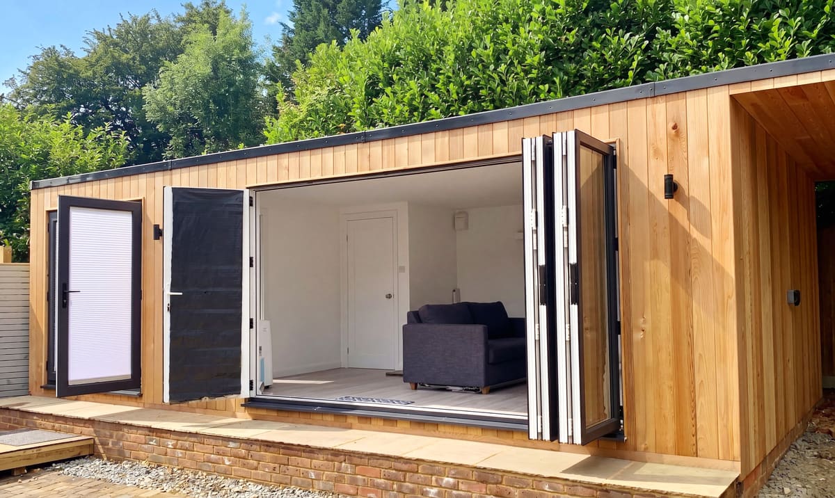 Garden cinema room with five-pane bi-fold doors folded open