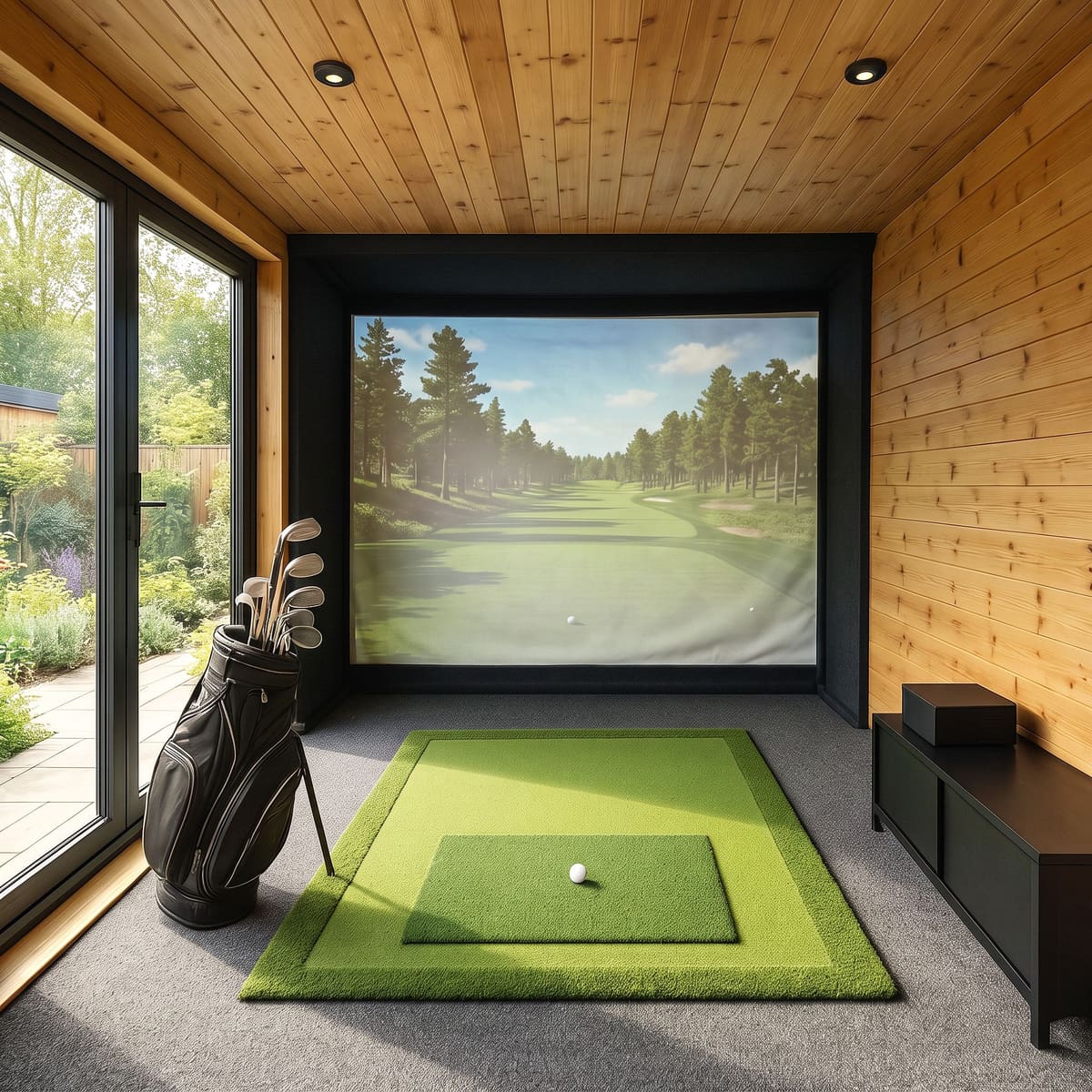 Inside a timber-lined golf simulator garden room with hitting mat, impact screen and golf bag