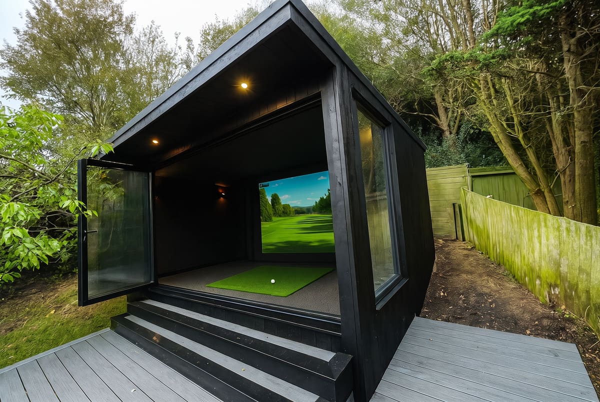 Dark timber golf simulator garden room with the door open and a fairway on the screen
