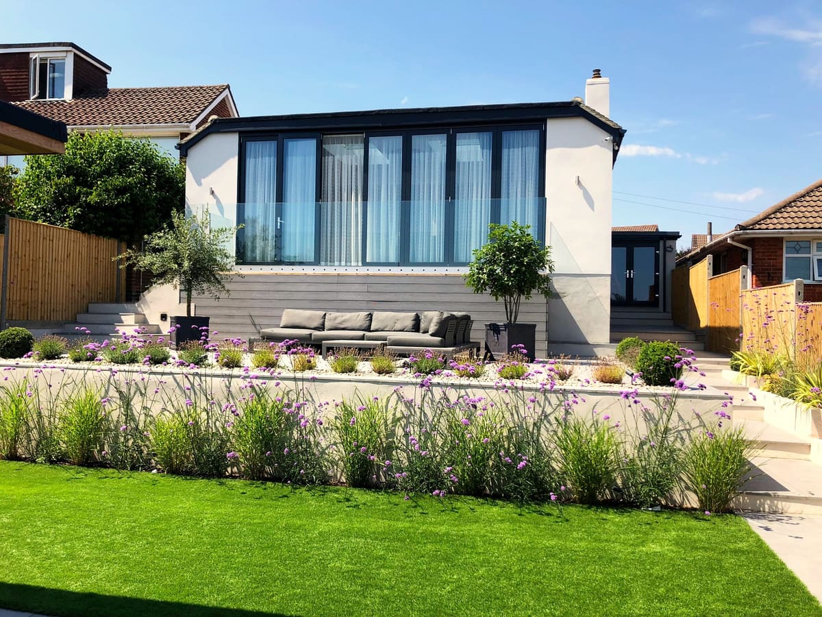 Terraced garden with porcelain patio, lavender and lawn