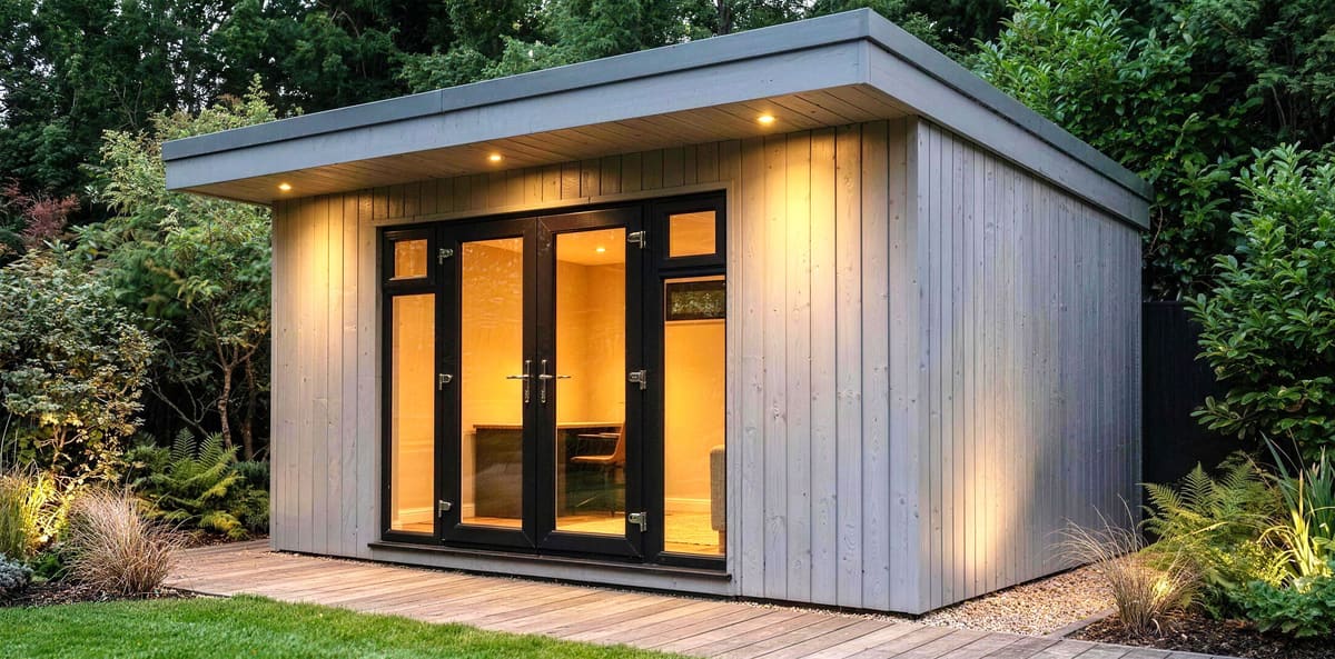 Panama garden room with front overhang and recessed LED lights