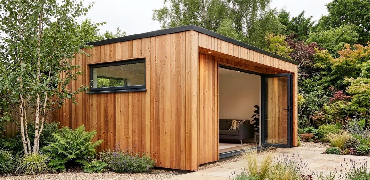 Portico garden room with recessed covered entrance among silver birches