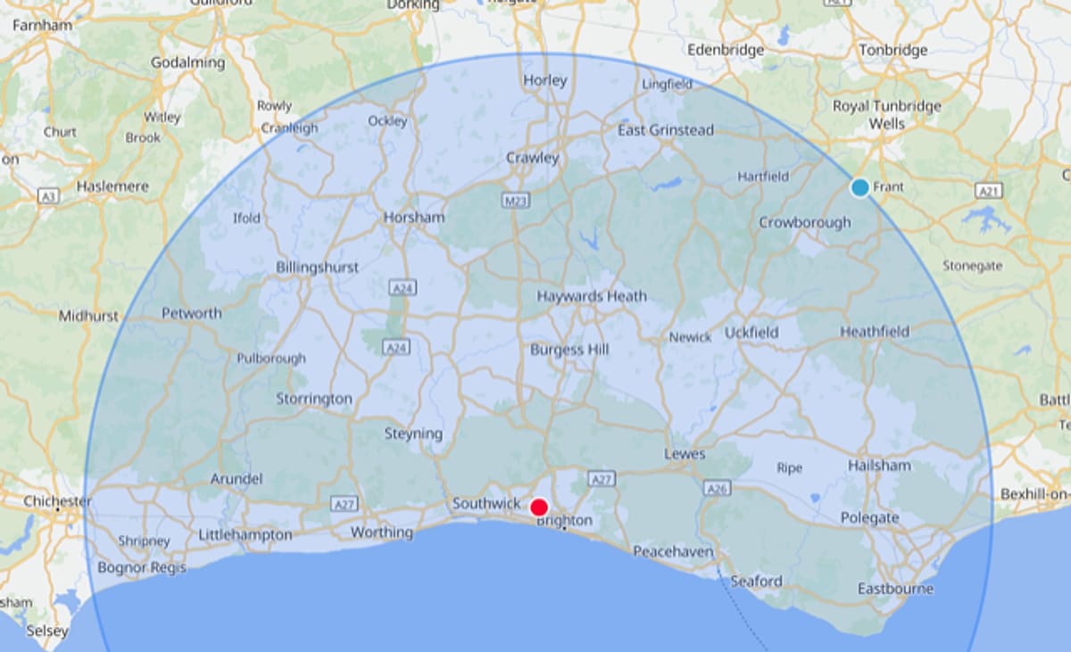 Map of our service area covering Sussex and Surrey