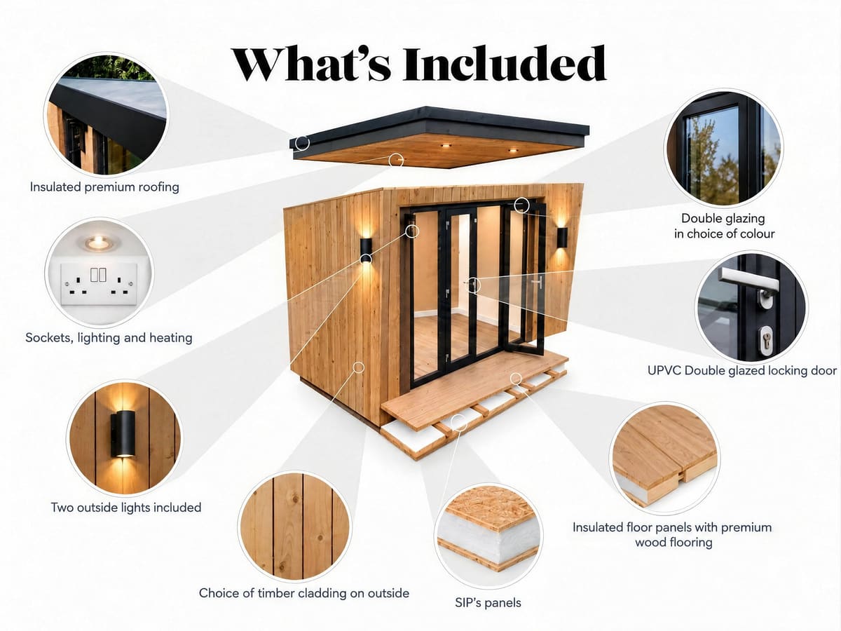 What’s included in every garden room: insulated premium roofing, double glazing in a choice of colour, UPVC double glazed locking door, sockets, lighting and heating, two outside lights, a choice of timber cladding, SIPs panels and insulated floor panels with wood flooring