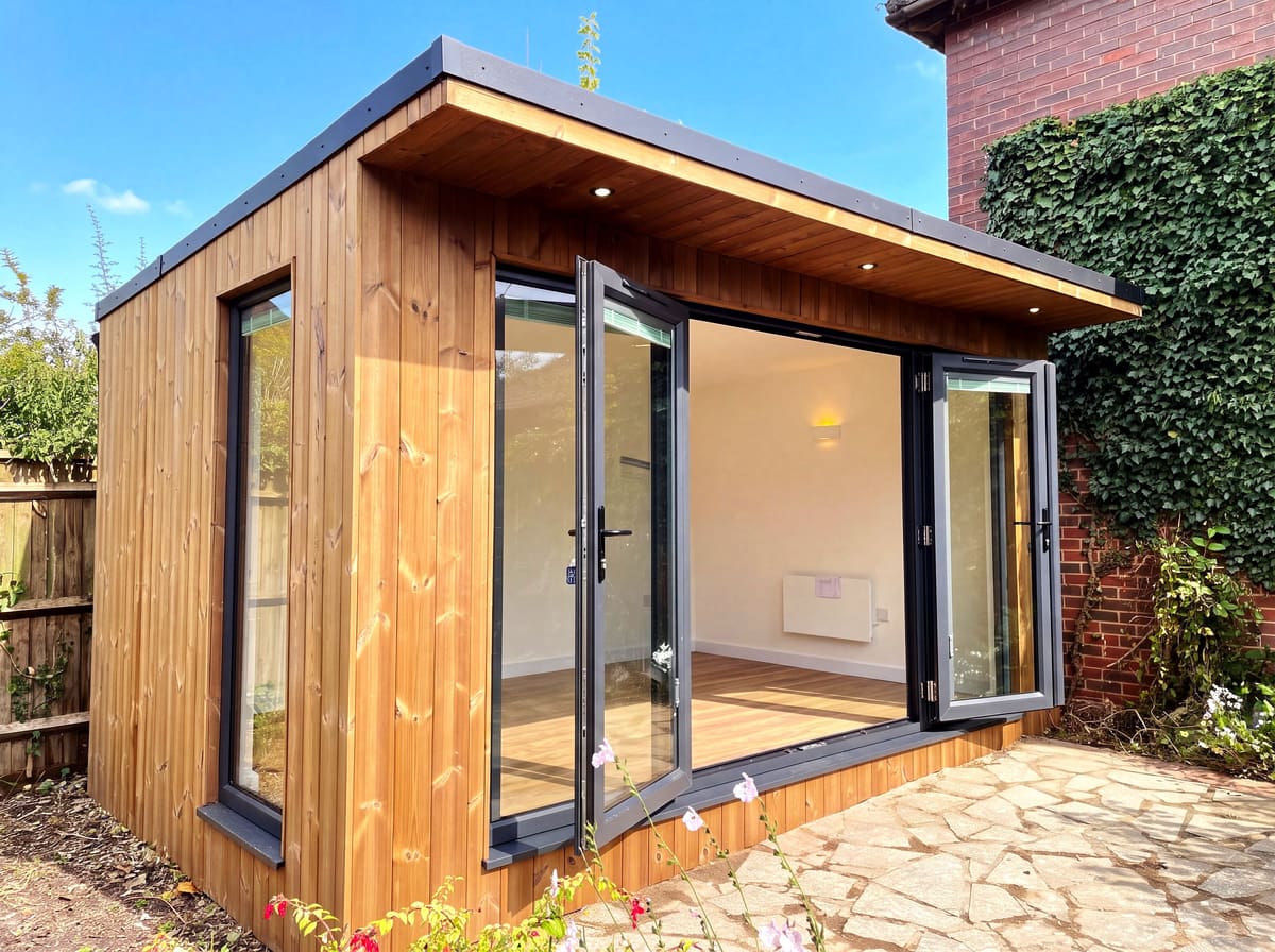 Panama garden room yoga studio with French doors open and lights on, Steyning